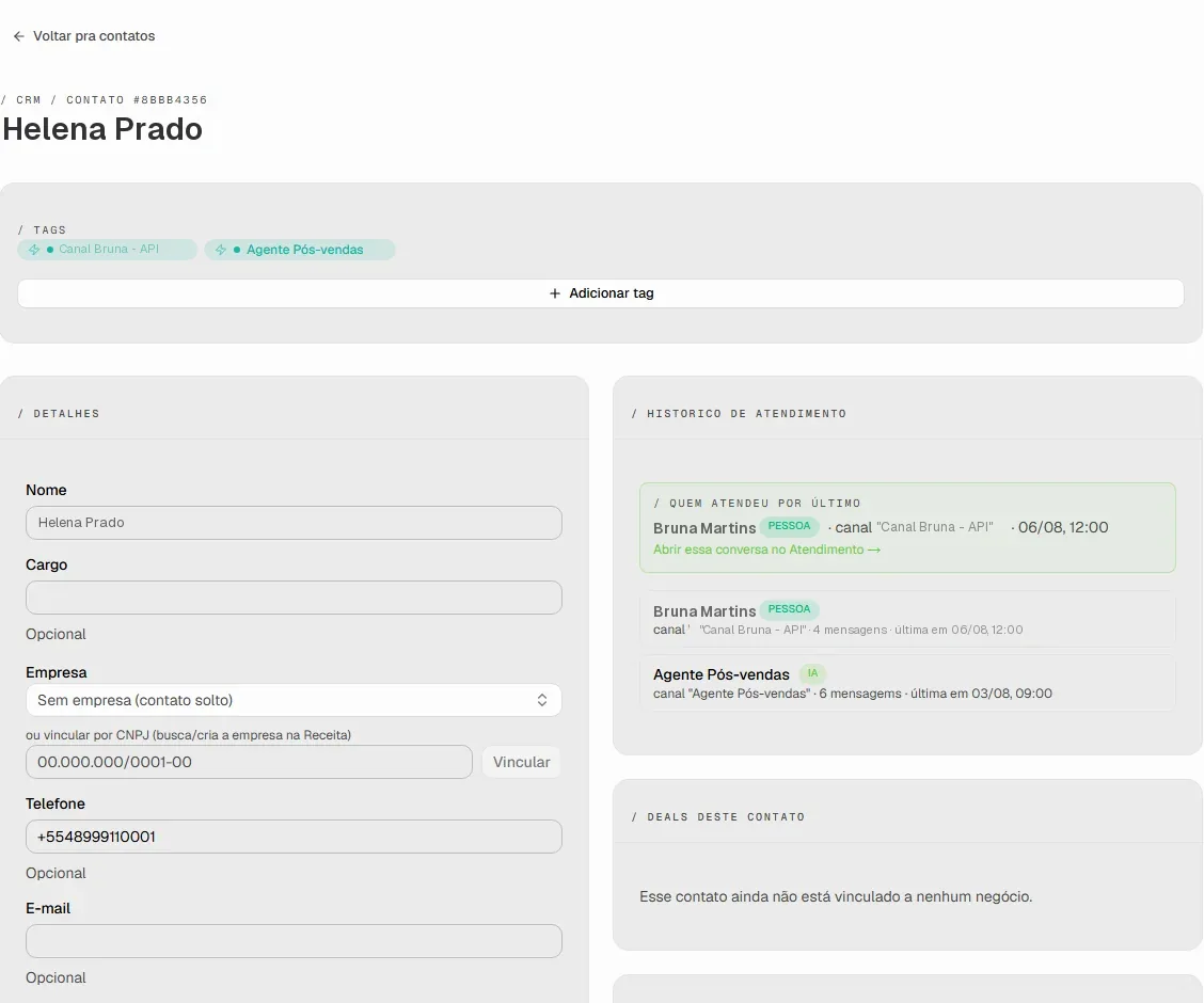 Tela real da Plataforma: ficha de um contato com etiquetas, dados e o histórico de quem atendeu — pessoa, equipe e agente de I.A.