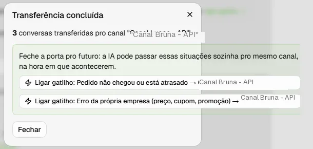 Diálogo da Auditoria com I.A. oferecendo ligar o gatilho de transferência para que a I.A. passe a situação para uma pessoa da próxima vez