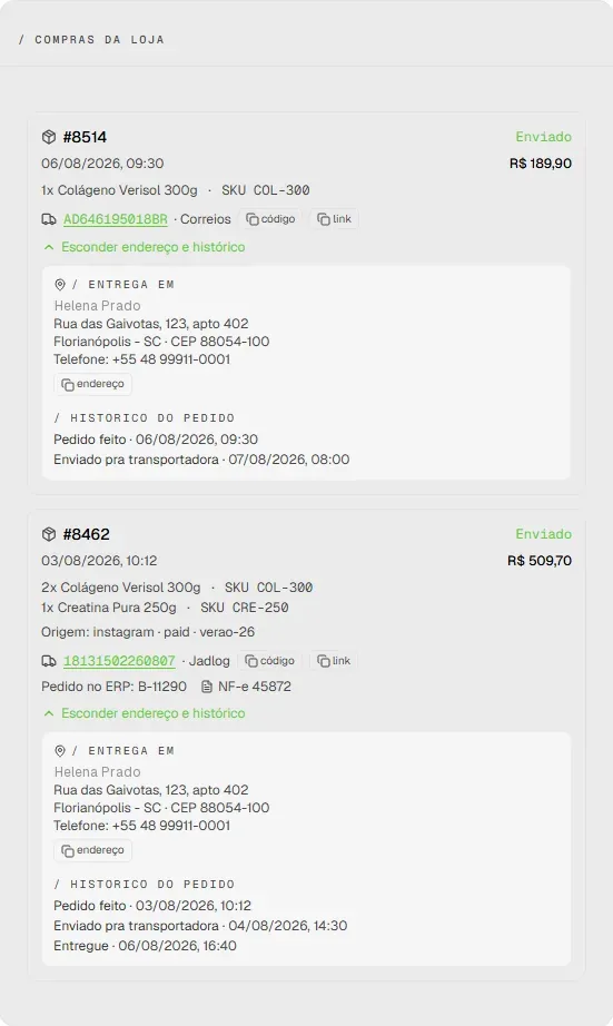 Compras da loja na ficha do cliente: pedidos com itens, valor, rastreio pela transportadora, endereço de entrega e histórico